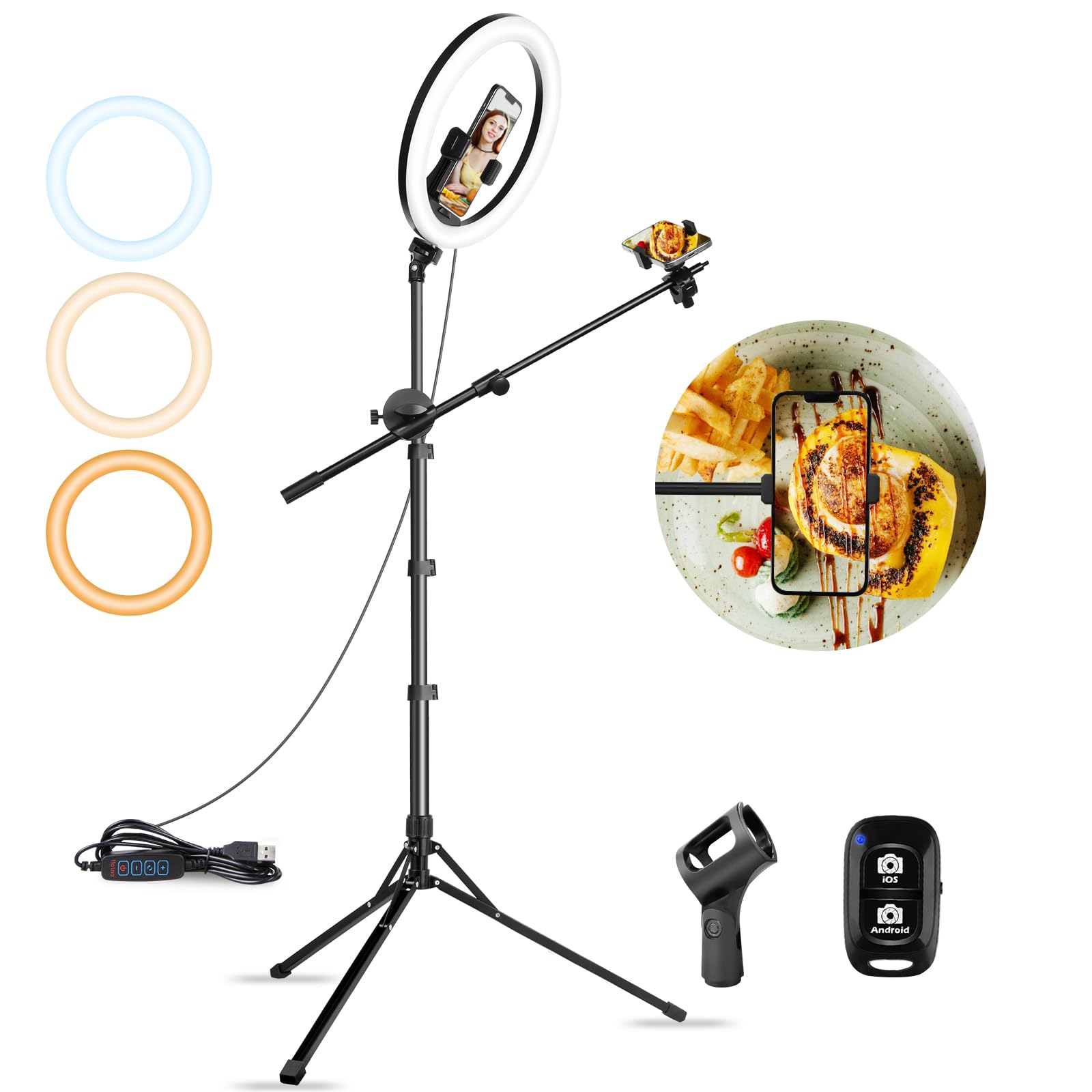 Aureday 12" Selfie Ring Light with Stand and Phone Holder, Overhead Ringlight Tripod for iPhone Photography-LED Circle Lighting with Mic Mount&Remote for Video Recording/Live Streaming/Singing/Cooking