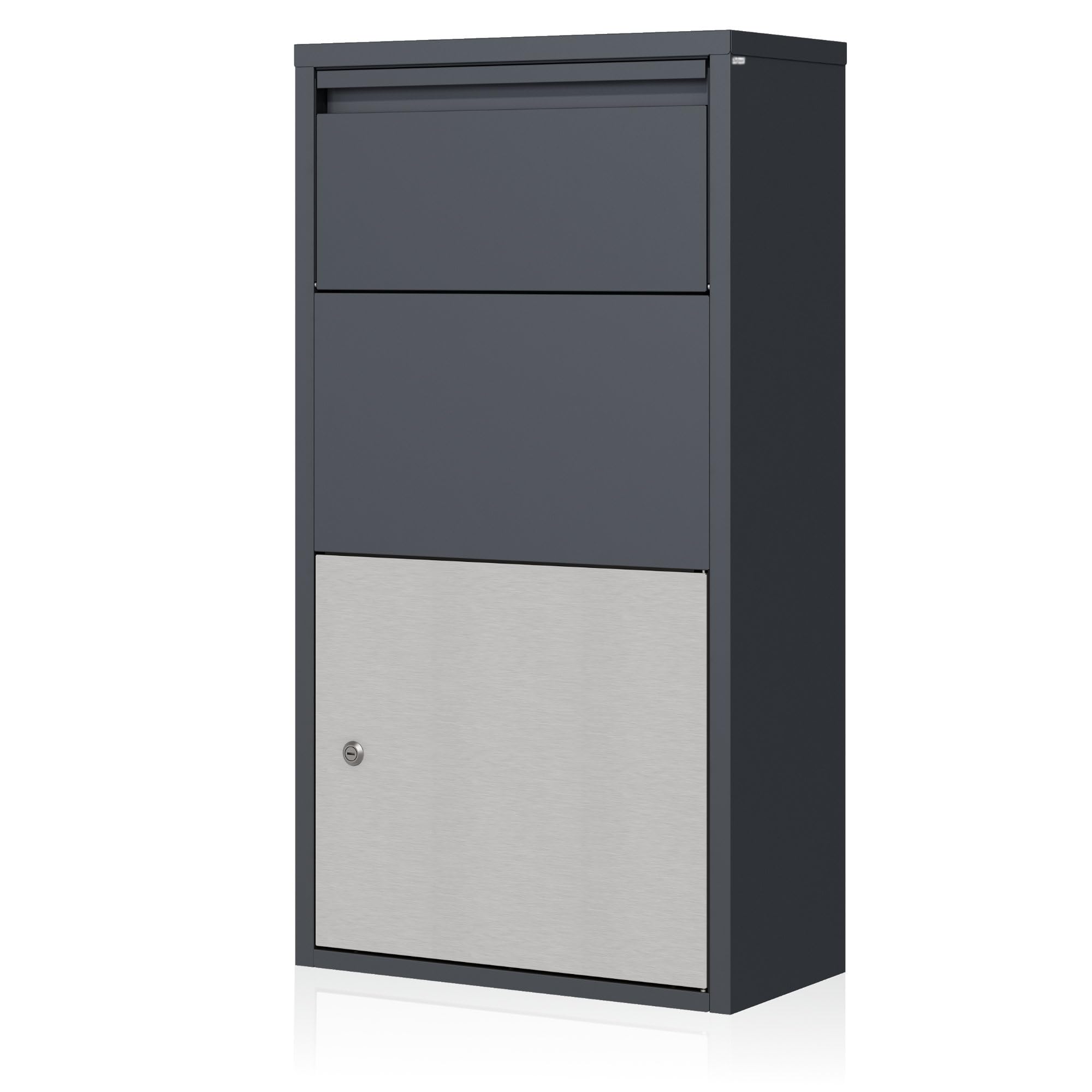 Zelsius Briefkasten mit Paketfach | Edelstahl, Anthrazit RAL 7016 | pulverbeschichteter Stahl | integrierte Rückholsperre | Wandmontage, Bodenmontage | Paketbriefkasten, Paketbox, Parcel Box