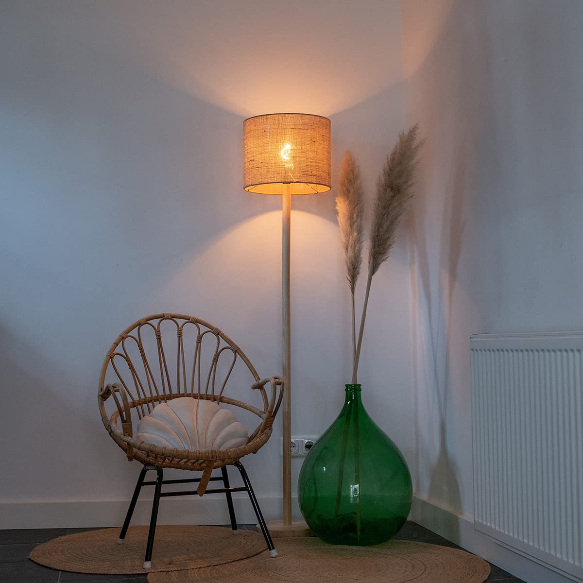 Qazqa rústico Lámpara de pie rural madera pantalla lino natural 32 cm - Mels/Lino Redonda Adecuado para LED Max. 1 x 40 Watt
