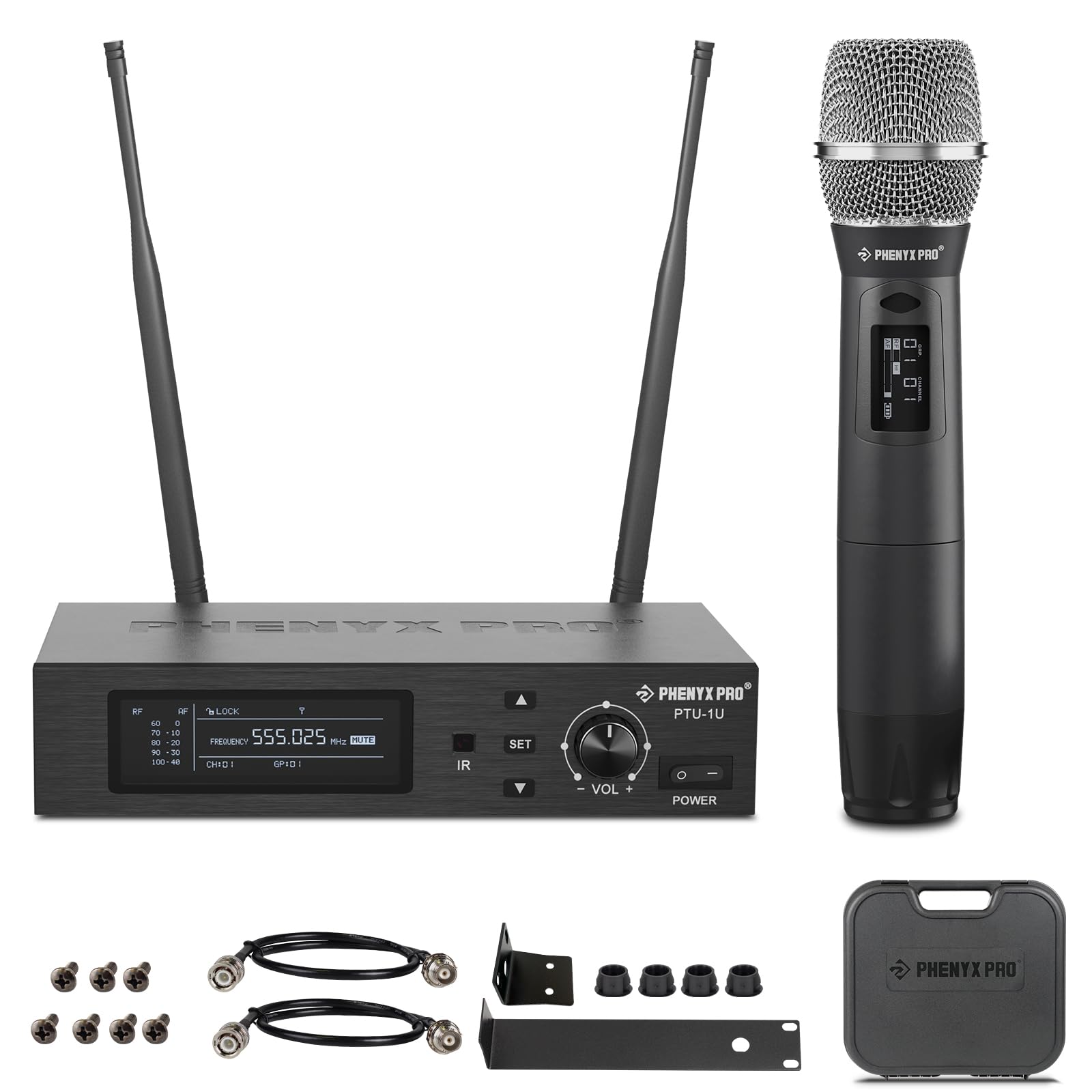 Phenyx Pro UHF True Diversity Funkmikrofon-System PTU-1U-1H | Auto-Scan, 1000 einstellbare Kanäle, 328 ft Reichweite, IR-Sync, Dynamisches Handmikro, Gesang, Bühnengesang, Studioaufnahme