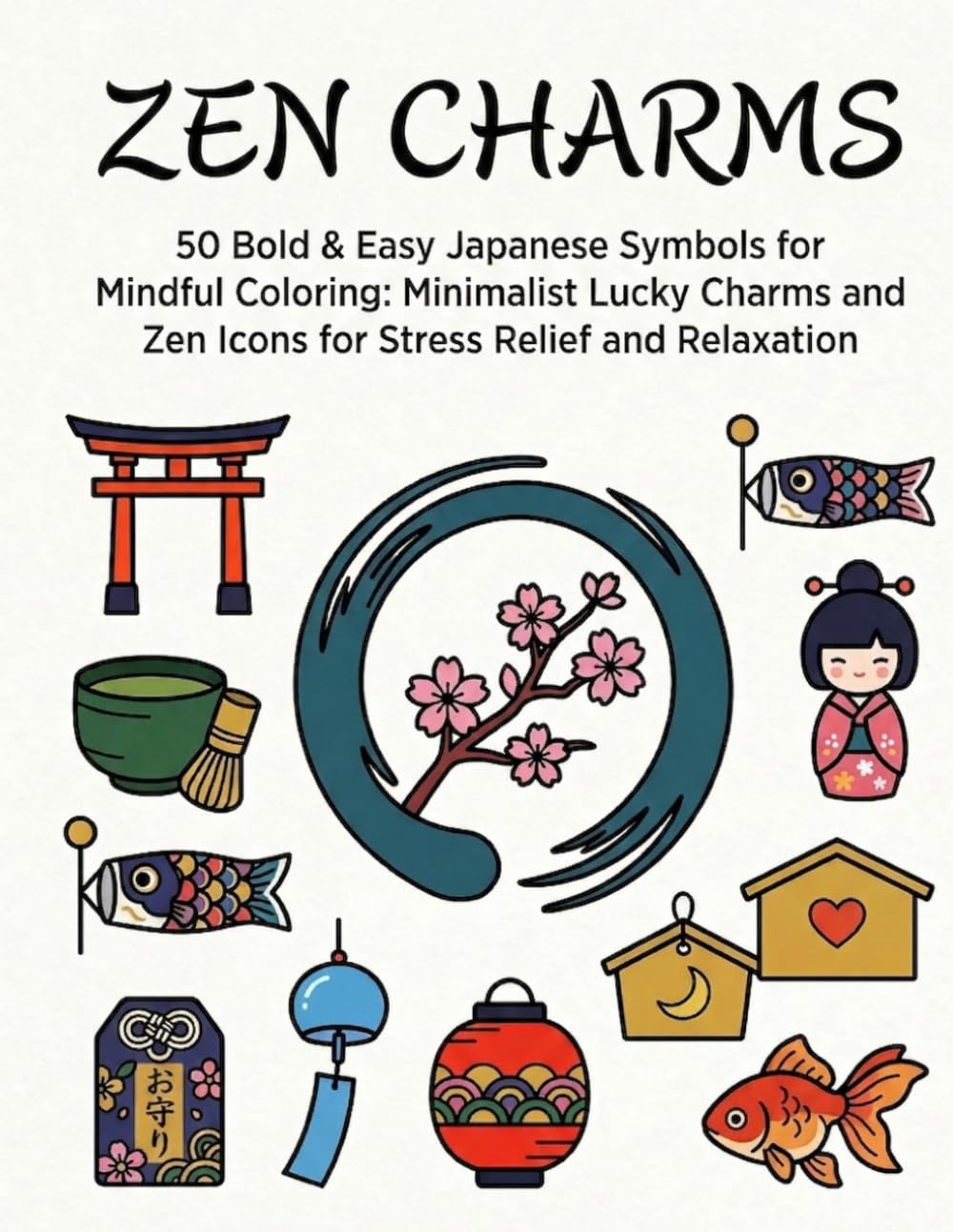 ZEN CHARMS: 50 Bold & Easy Japanese Symbols for Mindful Coloring: Minimalist Lucky Charms and Zen Icons for Stress Relief and Relaxation