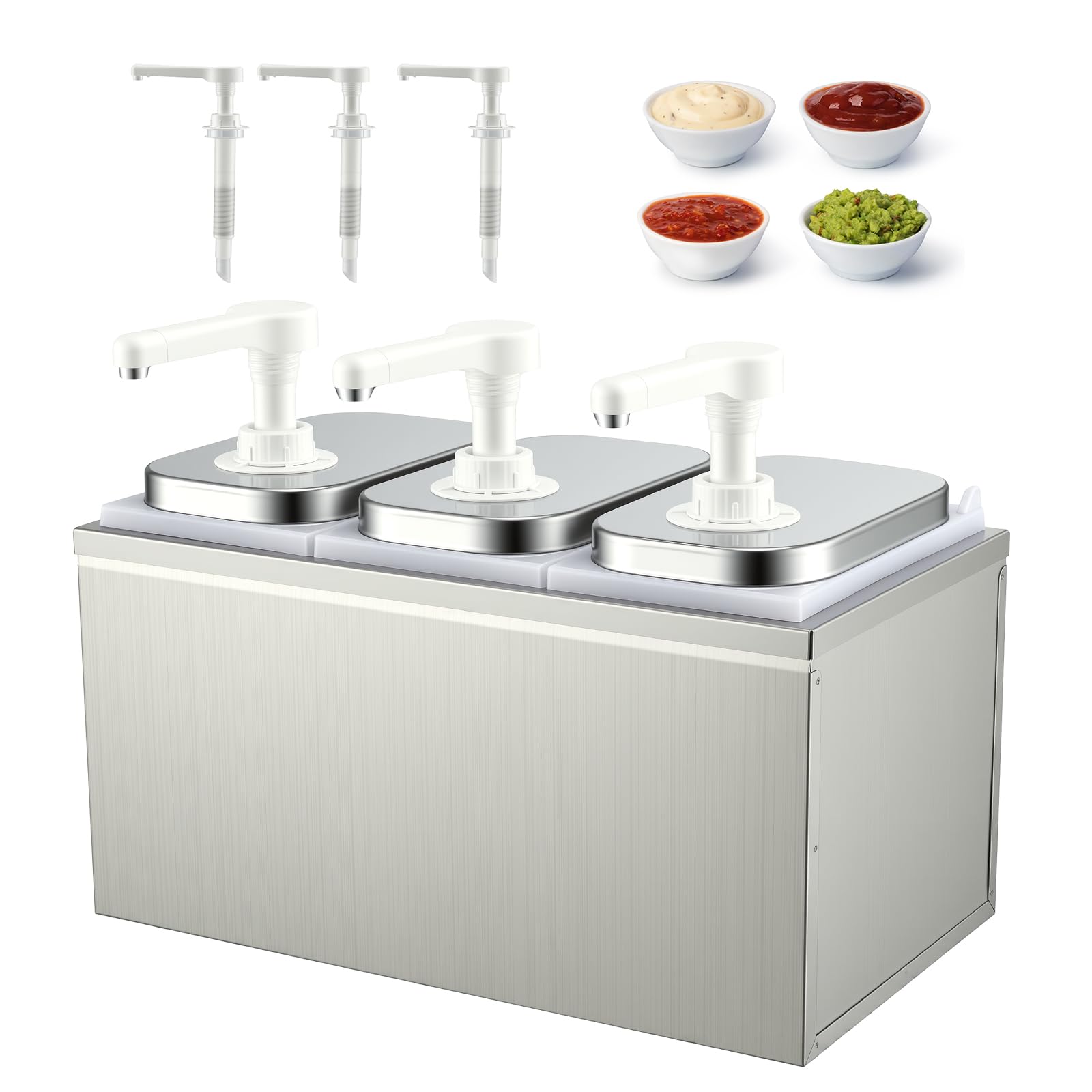 Station de Distribution de Sauces 6L avec 3 Têtes de Pompe, Distributeur Ketchup Inox Alimentaire & Anti-Goutte, Idéal pour Ketchup Mayonnaise Moutarde Miel, 3×2L Distributeur Sauce Gastro