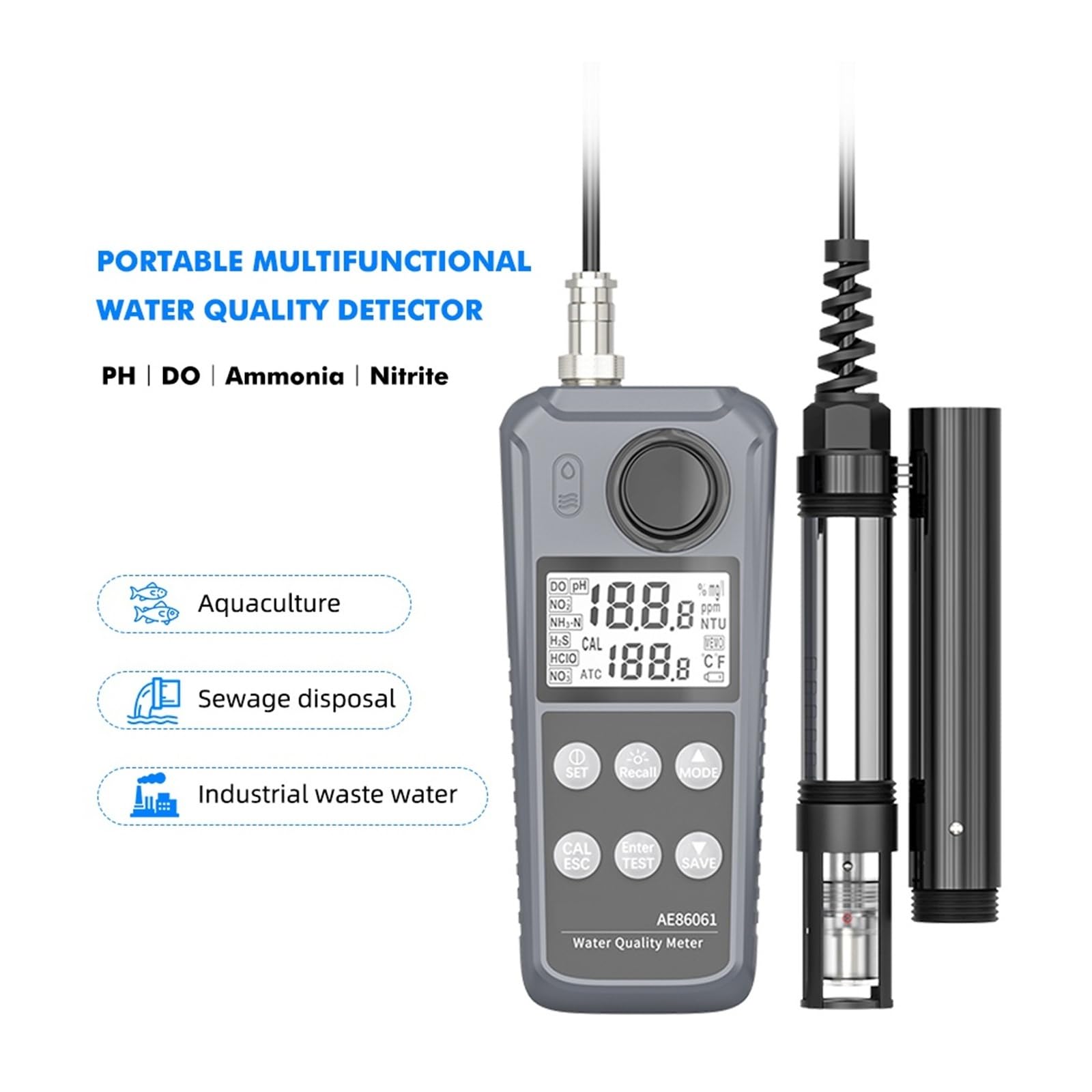 Testeur De Qualité De L'eau Multiparamètre De Laboratoire AE86061 pour une lecture claire | Compteur DO/PH/Temp/ammoniac/nitrite for aquarium, aquaculture, aquarium
