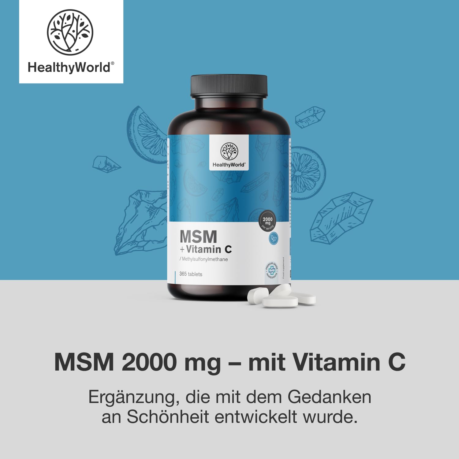 HealthyWorld MSM 2000 mg - Mit Vitamin C - 365 Tabletten - 6 Monate Vorrat - Hohe Konzentration - 2000 mg pro Tagesdosis - Vegetarisch - Ohne Zusätze - Schönheitsmineral