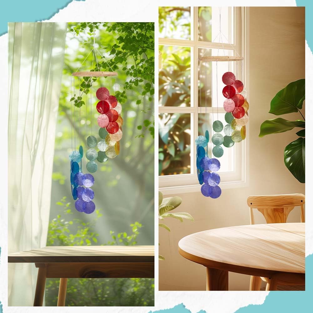 1Box 28.35" Colorful Windchime Shell Wind Chime Large Natural Shells Summer Spring Spiral Hanging Suncatcher Coastal Style Decor Wind Chimes for Outside Beach Ocean Party Gift Ideals Supplies
