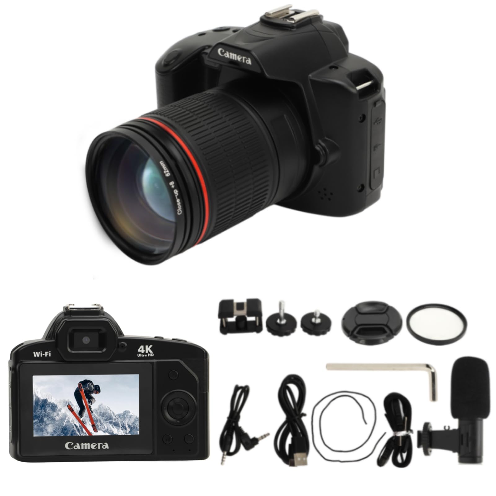 4K 64MP Digitale Camera met Microfoon, HD Nachtzicht WIFI Videocamera Camcorder met Invullicht, 16x Digitale Zoom, 3,0 Inch IPS-scherm, 120 Graden Groothoek Vlogcamera