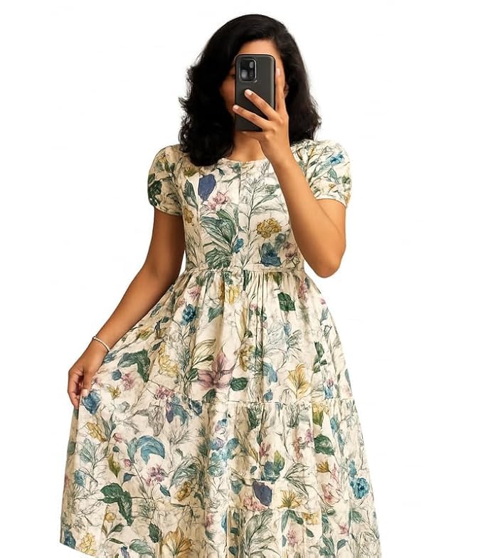 Women's Floral Print Maxi Dress, Short Sleeve, Tiered A-Line, Botanical Pattern, Casual Summer Wear-picture-51