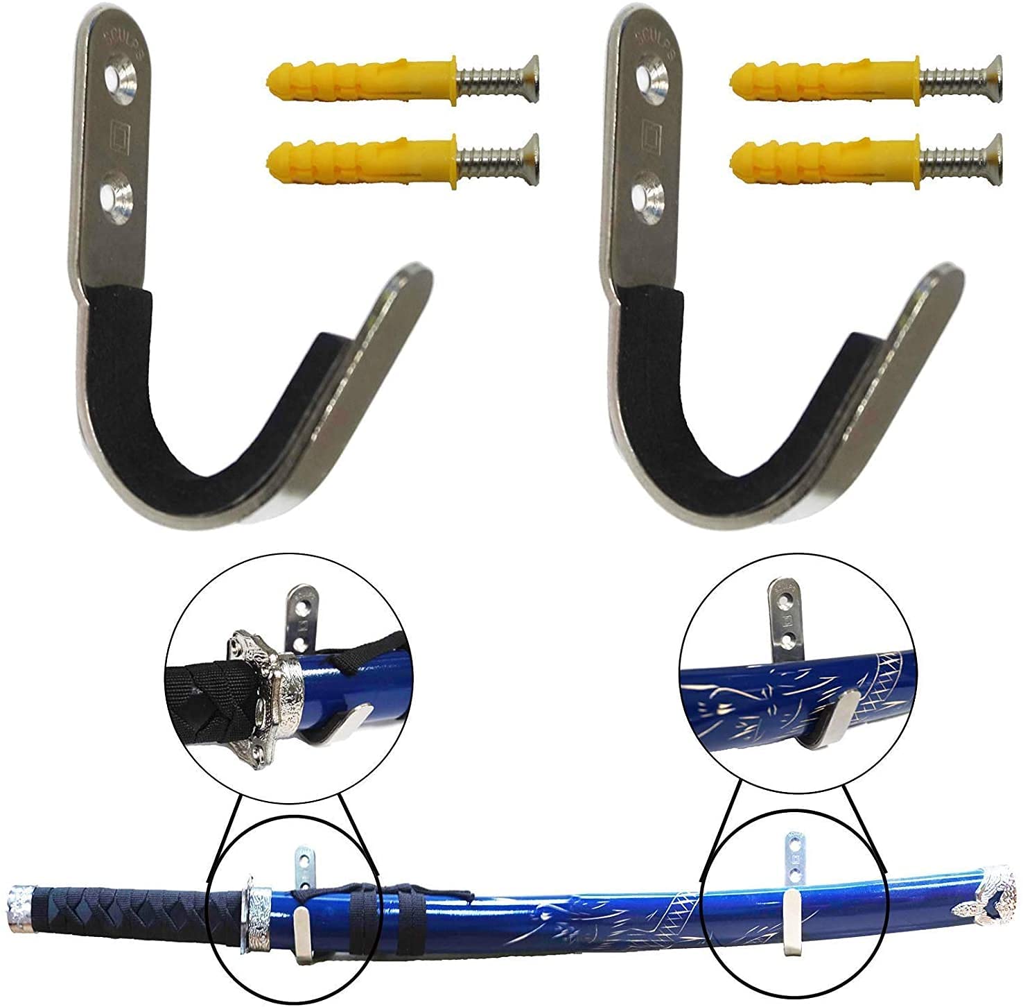 Pmsanzay Sword Display Rack Wall Mount Holder Stand Bracket Hanger - Metal Hook With Felt Strips - 2/PK - No Scratches