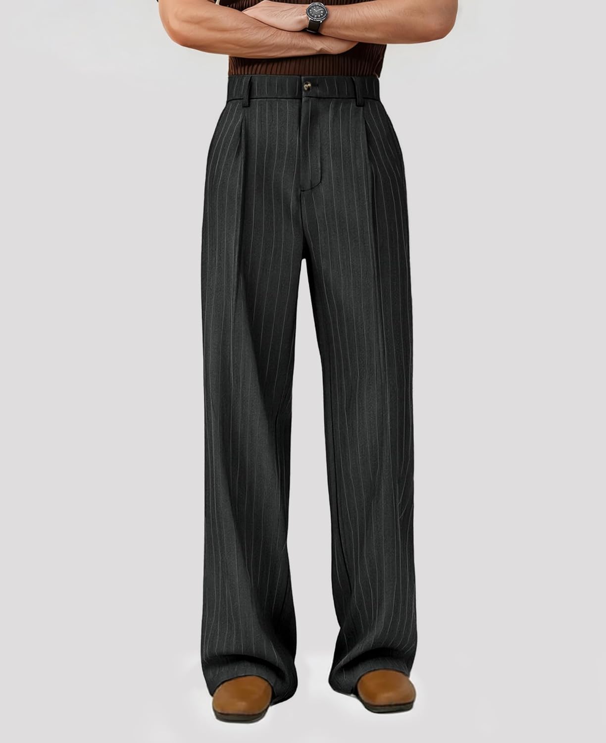 Susclude Mens Pinstripe Casual Dress Pants Old Money Wide Leg Baggy Pleated Slacks Elastic Wasist Loose Fit Work Trousers