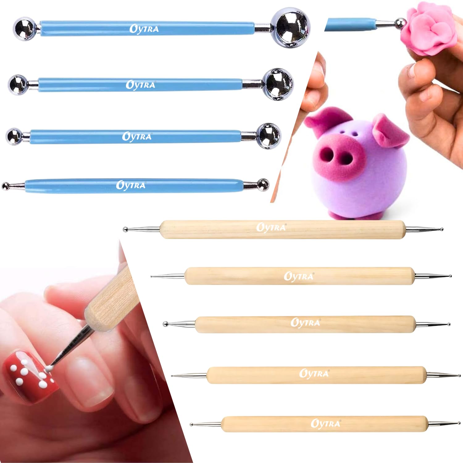 Oytra Dotting Tools 9 Pcs/Set for Clay Dot Mandala Embossing Modelling Ball Stainless Steel Wooden Tool for Fondant Cake Decorating Nail Art Rock Painting for Beginners Artists Adults