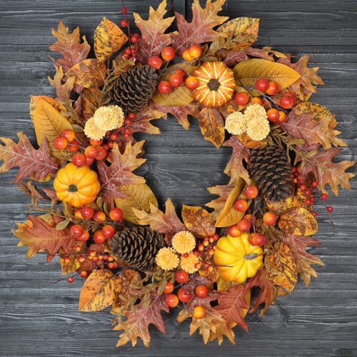 BHHDA 24 Inch Christmas Wreath for Front Door Maple Leaves,