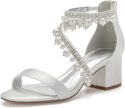 Charmstep Women Block Heel Wedding Sandals Strappy Satin Pearls Rhinestones Open Toe Bridal Party Bridesmaid Shoes 702-13