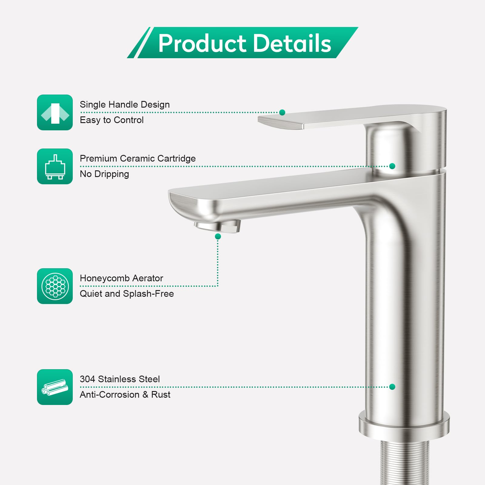 CREA Grifo de baño, grifo de lavabo con desagüe, grifo mezclador de ahorro de agua, grifo de alta presión para baño, grifo monomando de lavabo de acero inoxidable cepillado