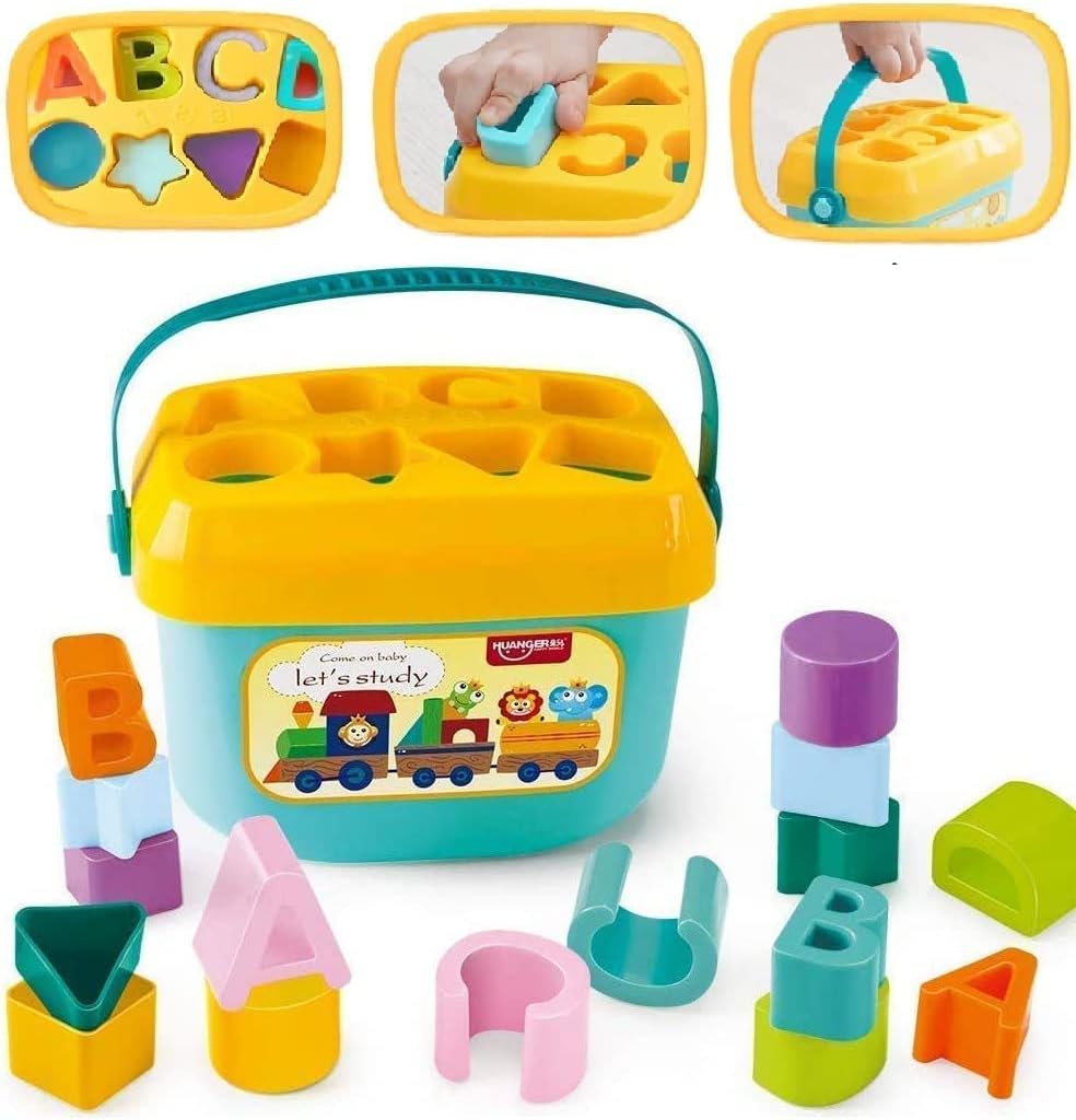 Baby First Blocks Activity Toys Sorter Baby And Toddler Toy Abcd Learning Shape Alphabets Storage Bucket Toys Sorting Game Developmental Educational Toy Children 16 Building Blocks,Multi