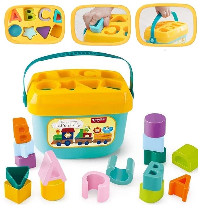 Prime Deals Baby First Blocks Activity Toys Sorter Baby and Toddler Toy ABCD Learning Shape Alphabets Storage Bucket Toys Sorting Game Developmental Educational Toy Children 16 Building Blocks