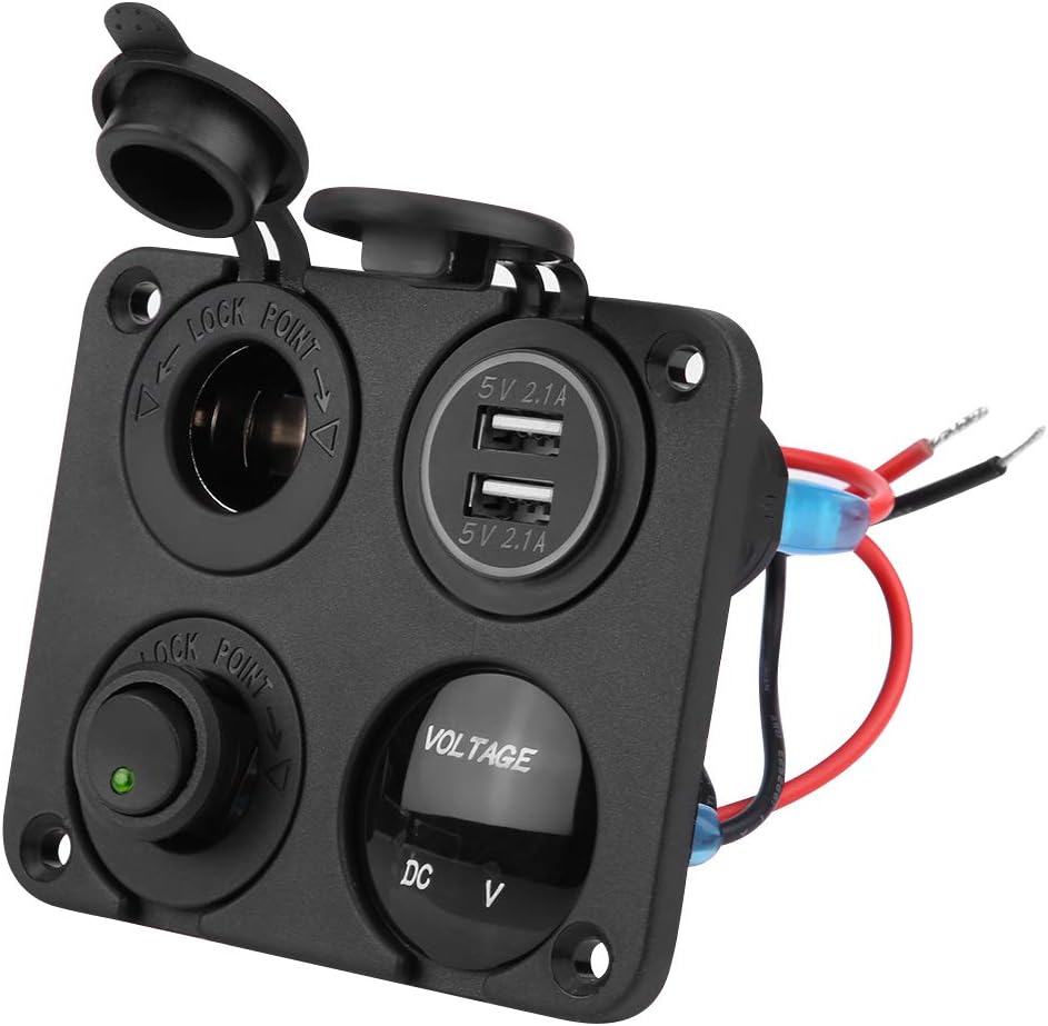 Keenso 4 Gang Marine Boat ON/Off Toggle Switch Panel & 4.2A Dual USB Socket & Voltmeter & Cigarette Lighter Blue LED Light(Green)