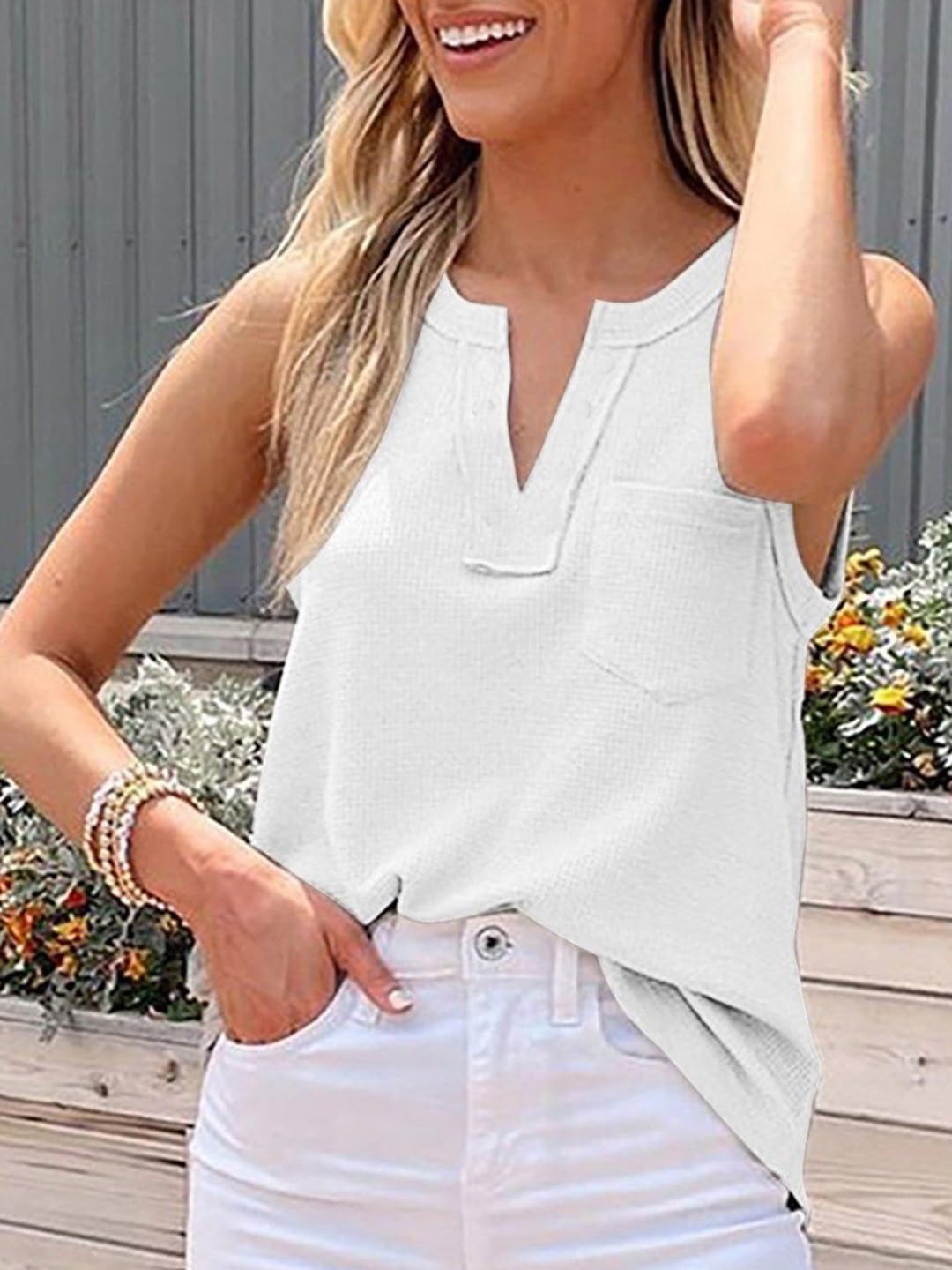 Zilcon Woman Fashion Waffle Summer Winter Tops for Woman Deep V Neck Sleeveless Tops Womens Casual Tops (in, Alpha, L, Regular, White) 2