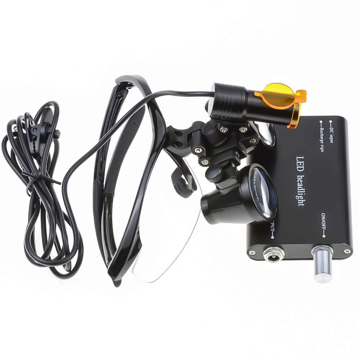 Mike Dental DY-007 Loupes jumelles à distance de travail Noir 3,5 x 420 mm + lampe frontale LED 5 W à clipser avec filtre + sac de rangement