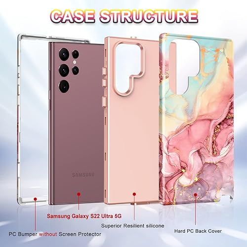 Miniatura 3 de Btscase Funda para Samsung Galaxy S22 Ultra 5G, patrón de mármol 3 en 1, resistente a prueba de golpes, cuerpo completo, policarbonato duro y suave