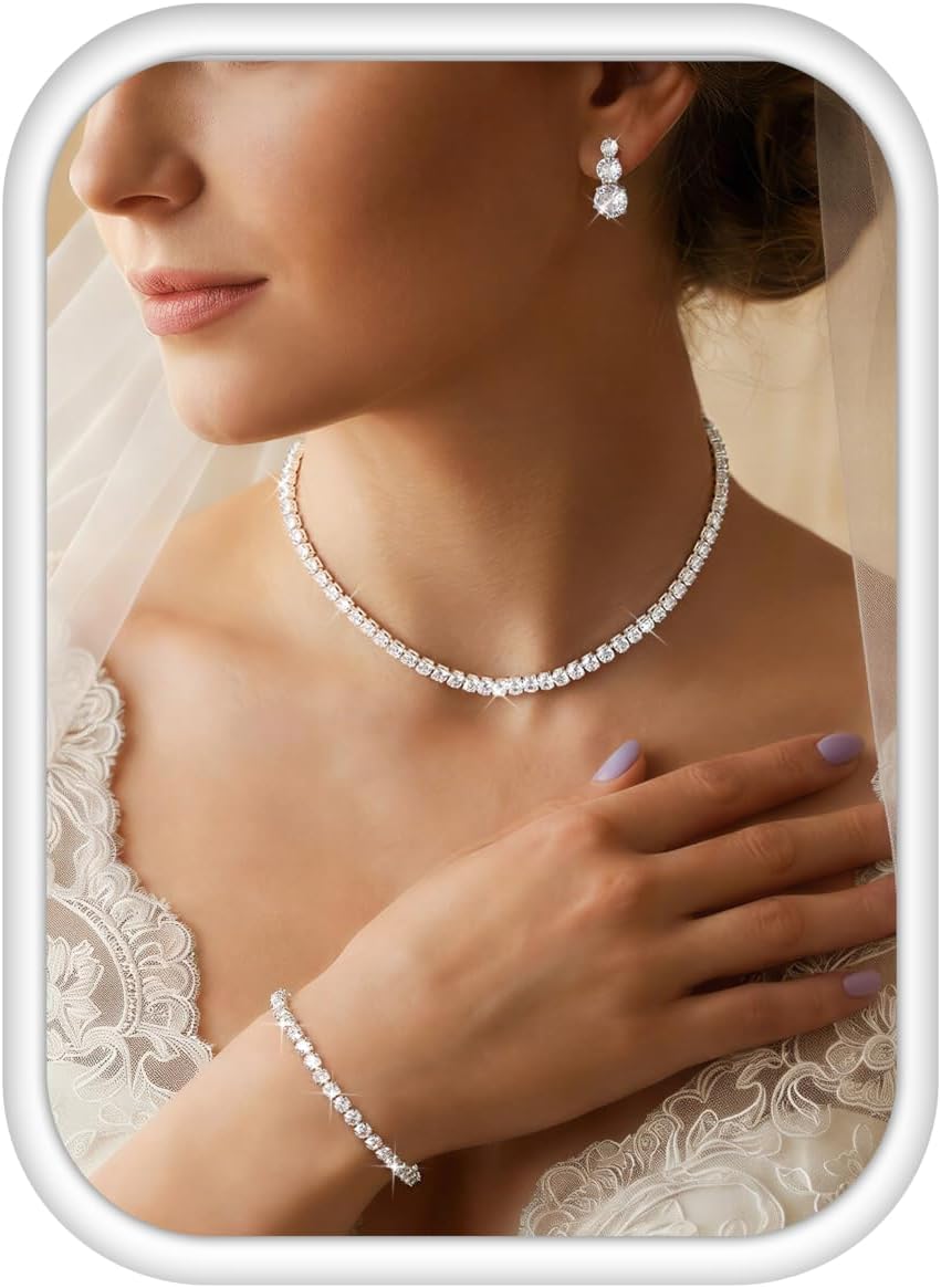 LOLIAS Silver Jewelry Set for Women Tennis Necklace Bracelet Hypoallergenic