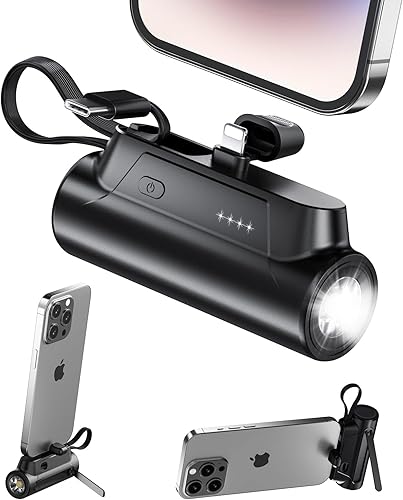 Abnoys Cargador portátil-Power Bank - Cargador de teléfono portátil pequeño de 8000 mAh 5V3.1A Cargador rápido Linterna de cable tipo C incorporada