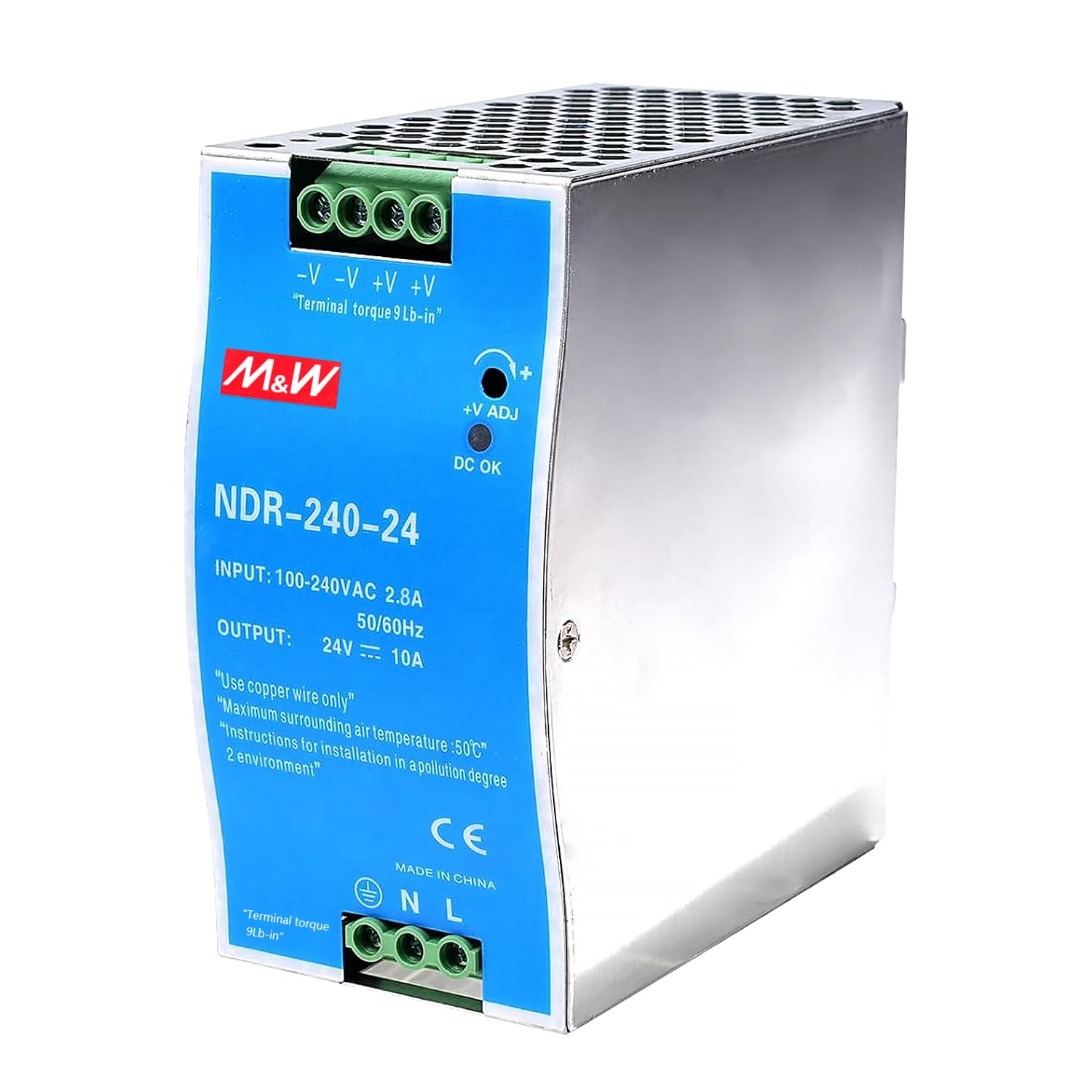 Fuente de alimentación para carriles, 24 V, 240 W, DIN rieles, fuente de alimentación conmutada, entrada 100-240 V CA, 2,8 A, salida CC 24 V 10 A, varias funciones de protección, ampliamente utilizado