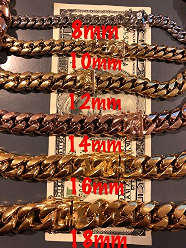 Harlembling Men's Miami Cuban Link Chain 14K 18K Yellow Gold White Or Rose Gold Plated Stainless Steel 8-18Mm Thick (14K Yellow Gold 12Mm, 22) #TOP2