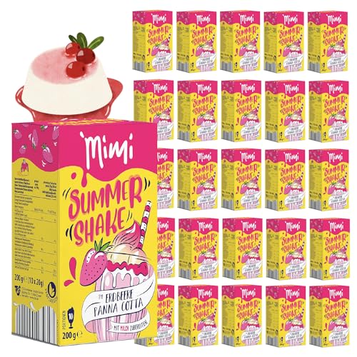 Mimi Summer Shake 32 x 200 g con 10 porciones de fresa Panna Cotta sensación de vacaciones en vaso - Polvo instantáneo soluble - Bebida de verano, 320 veces