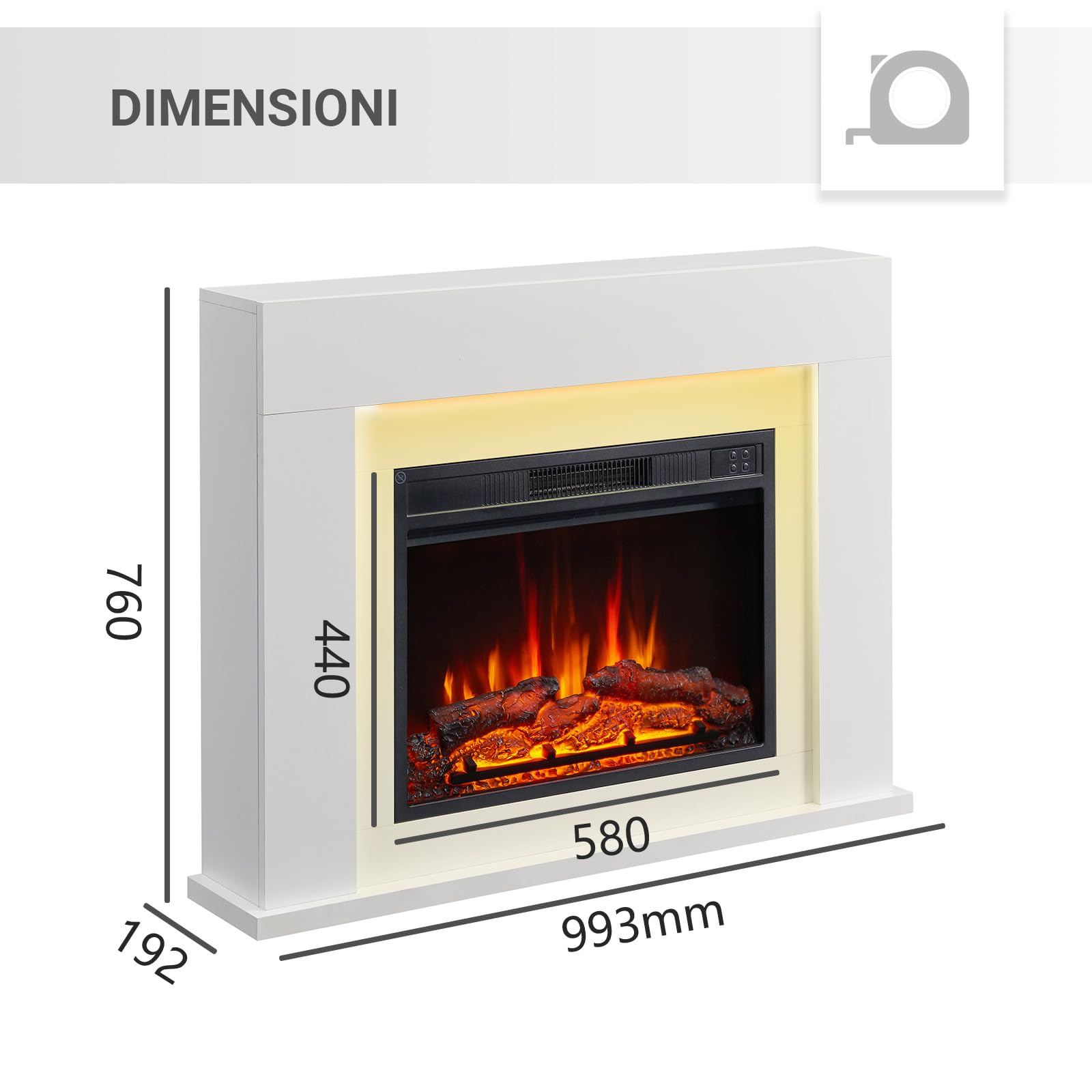 BALDERIA Finn Design Camino elettrico da terra, effetto fiamma 3D LED, riscaldamento