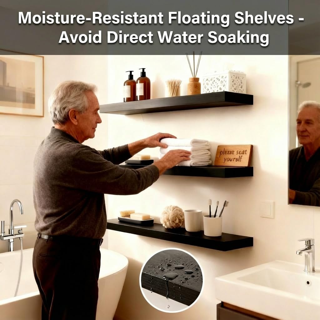 ROGMARS Black Floating Shelves for Wall,36 inch Rustic Wooden Floating Wall Mounted Book Shelves with Invisible Brackets for Living Room, Bedroom, Kitchen, Bathroom,Set of 3