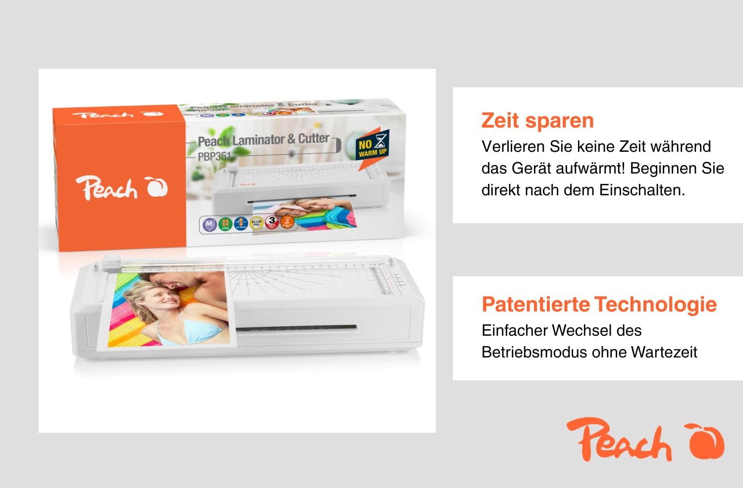 Peach Plastificatrice 3 in 1 A4, Plug & Play, senza tempo di riscaldamento, con trimmer e pellicole plastificanti, adatta per tutte le pellicole comuni fino a 250 mic PBP351A
