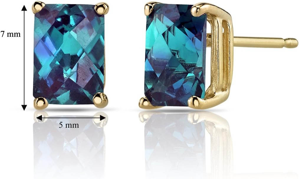 Peora Solid 14K Yellow Gold Created Alexandrite Earrings for Women, Color Change Solitaire Studs, 7x5mm Radiant Cut, 2.5 Carats total, Friction Back, Color Change Alexandrite Jewelry, w/Jewelry Box