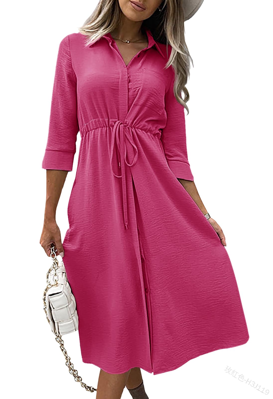 Febriajuce Women's 3/4 Sleeve Midi Dress Casual Drawstring Belted Round Neck Plain Tie Waist Loose High Waist Long Dress