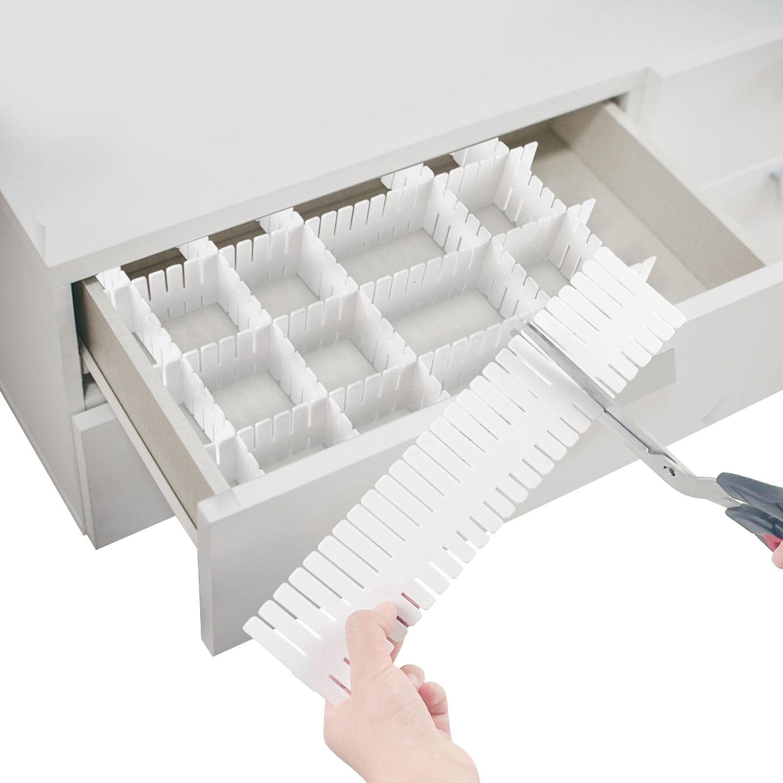 Dunkwckore 16 PCS Separadores de Cajones, Organizador Separador Cajones Plástico, 32×7cm Separador Cajones Ajustable para Calcetines, Ropa Interior, Oficina, Cocina, Dormitorio y Tocador (Blanco)