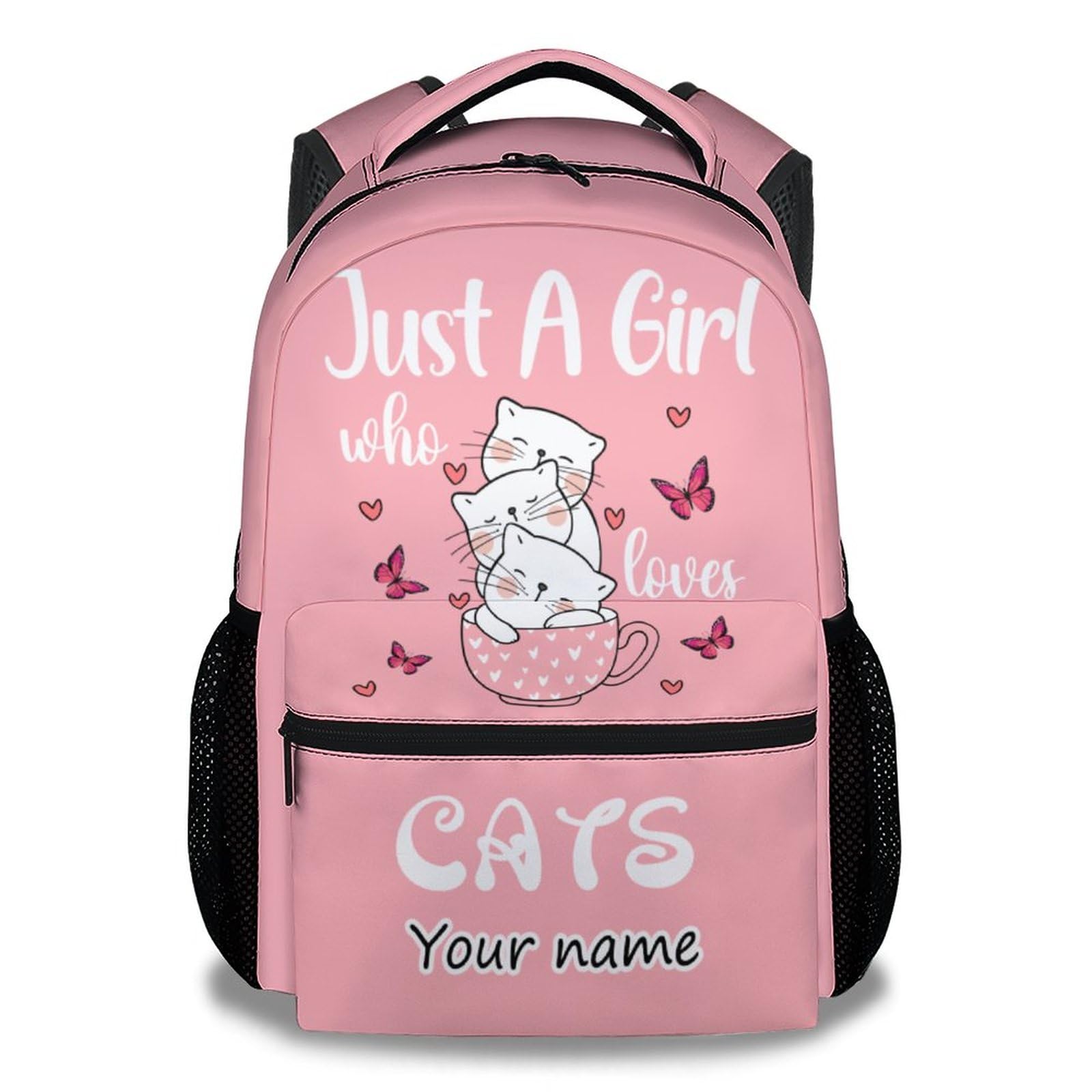 KNOWPHST Personalized Cat Girls Backpack for School with Name, 16 Inch Pink Backpacks for Kids, Cute Lightweight Durable Bookbag for Travel