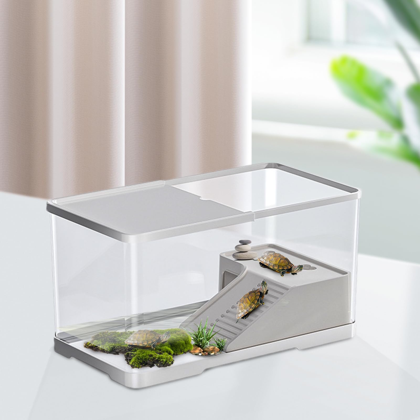 Acuario para Tortugas - Terrario para Tortugas con Plataforma para Tomar el Sol - Acuaterrario para Reptiles, Acuáticas, Reptiles Pequeños y Cangrejos de Río