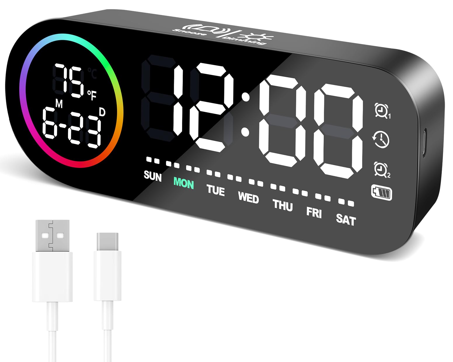 Vinabo Digital Alarm Clock with 7 Color Night Light, 4 Brightness Levels, Large LED Temperature Display, Voice Control, 12/24H, USB Port, Snooze, Power Off Memory (Black)