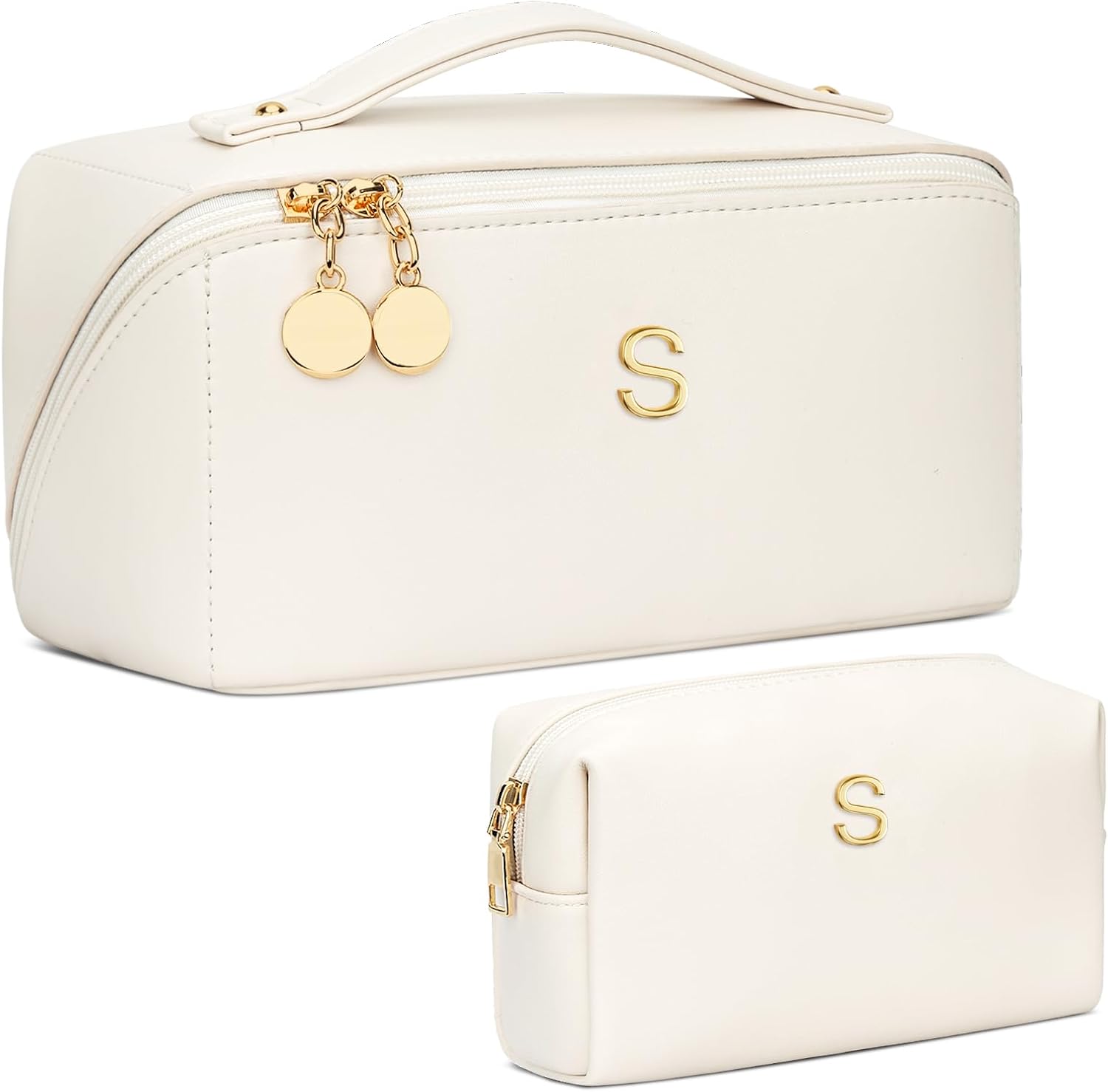 Birthday Gifts for Women Teen Girl, Personalized Initial Makeup Organizer Bag Set, Open Flat Travel Cosmetic Bag With Clear Divider and Handle(Beige,S) Beige S