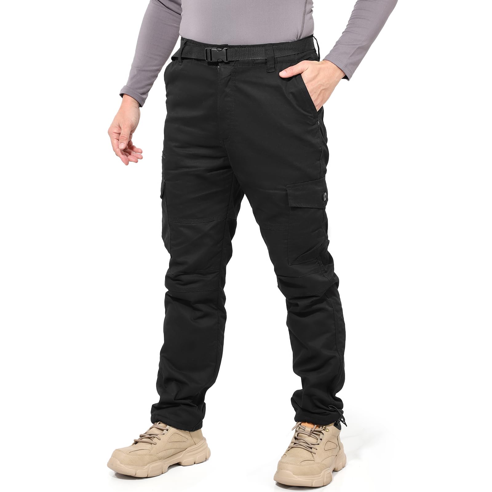 Pantalon Thermique Cargo Doublé de Polaire pour Hommes, Ceinture élastique Complète avec Passants de Ceinture Pantalon de Travail pour la Randonnée Camping en Plein air Hiver