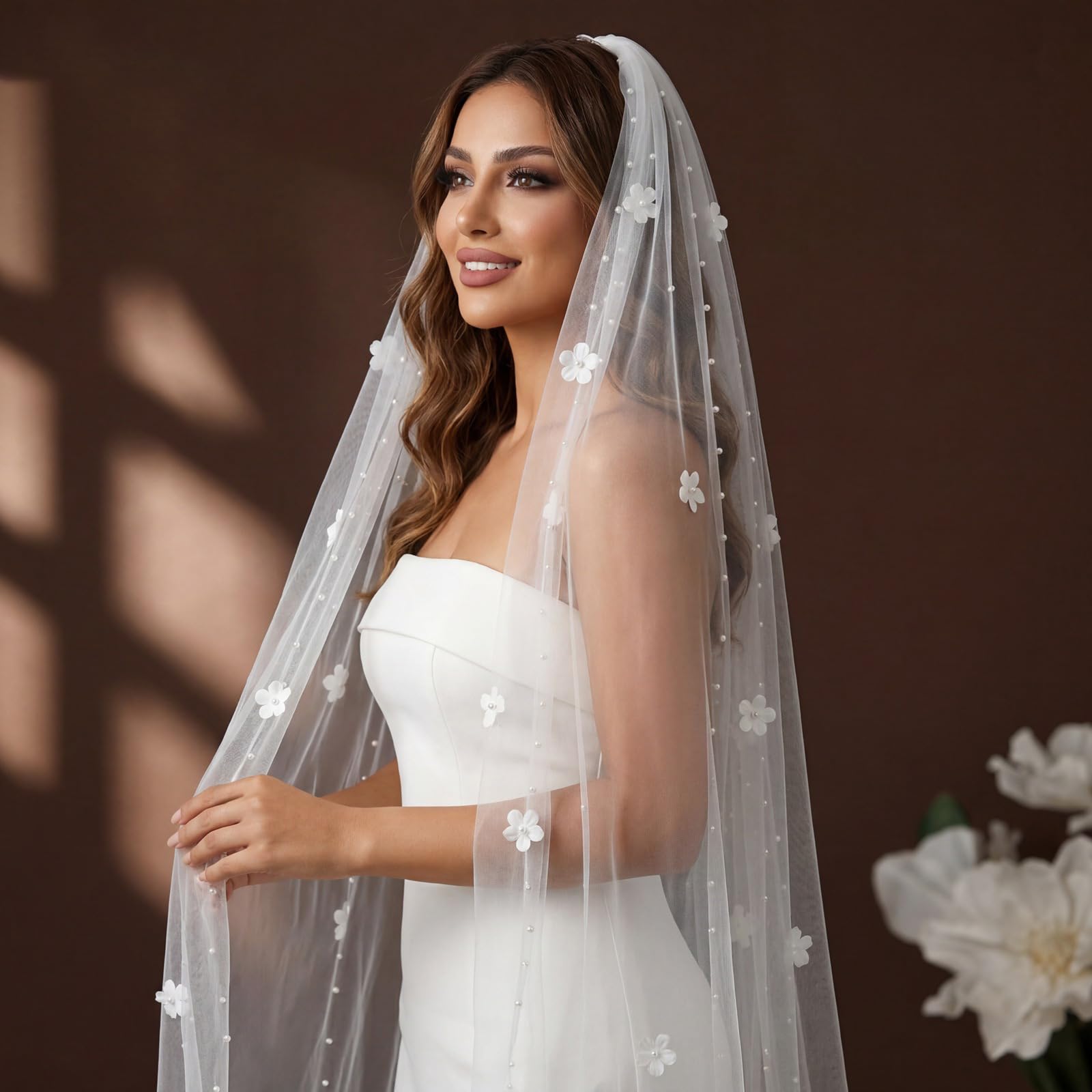 Romantischer Brautschleier mit Perlen, lang, U-Form, Kapellen, Zug, Schleier für Brautschmuck, Strand, Hochzeit, besondere Anlässe, Fotoshootings, künstliche Perlen, Hochzeit, Outdoor-Zubehör