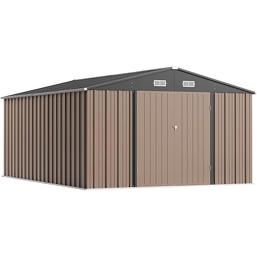 Greesum 10×14 FT Outdoor Storage Shed, Metal Storaged Sheds Without Floor, Tool Sheds with Lockable Doors and Sloping Roof for Garden, Patio, Backyard, Brown