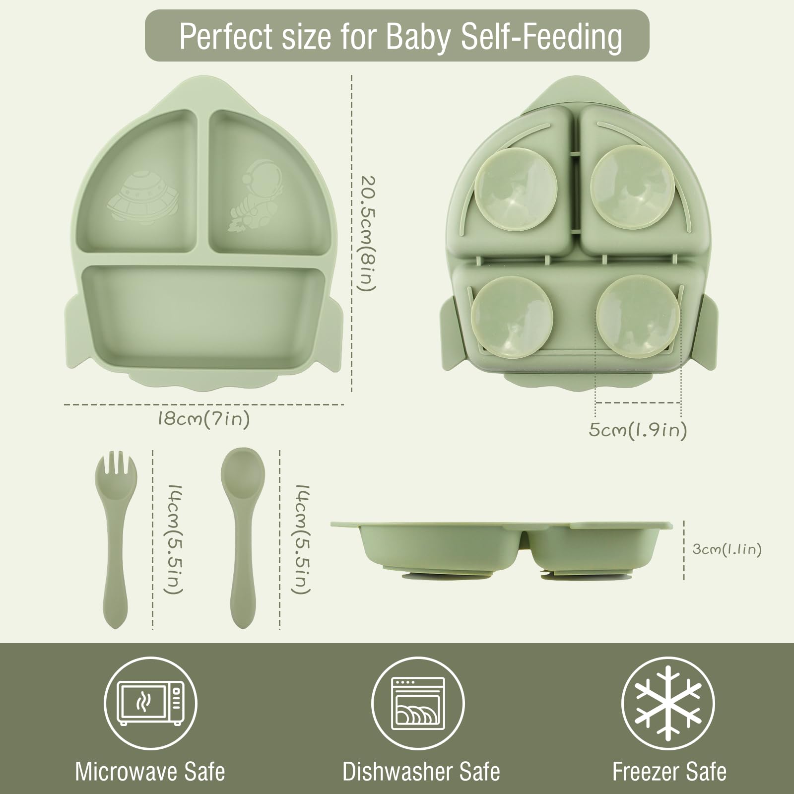 Set Repas Bébé Silicone 3 Assiettes à Succion + 6 Couverts - Anti-Désordre, Sans BPA, Bleu/Vert/Orange