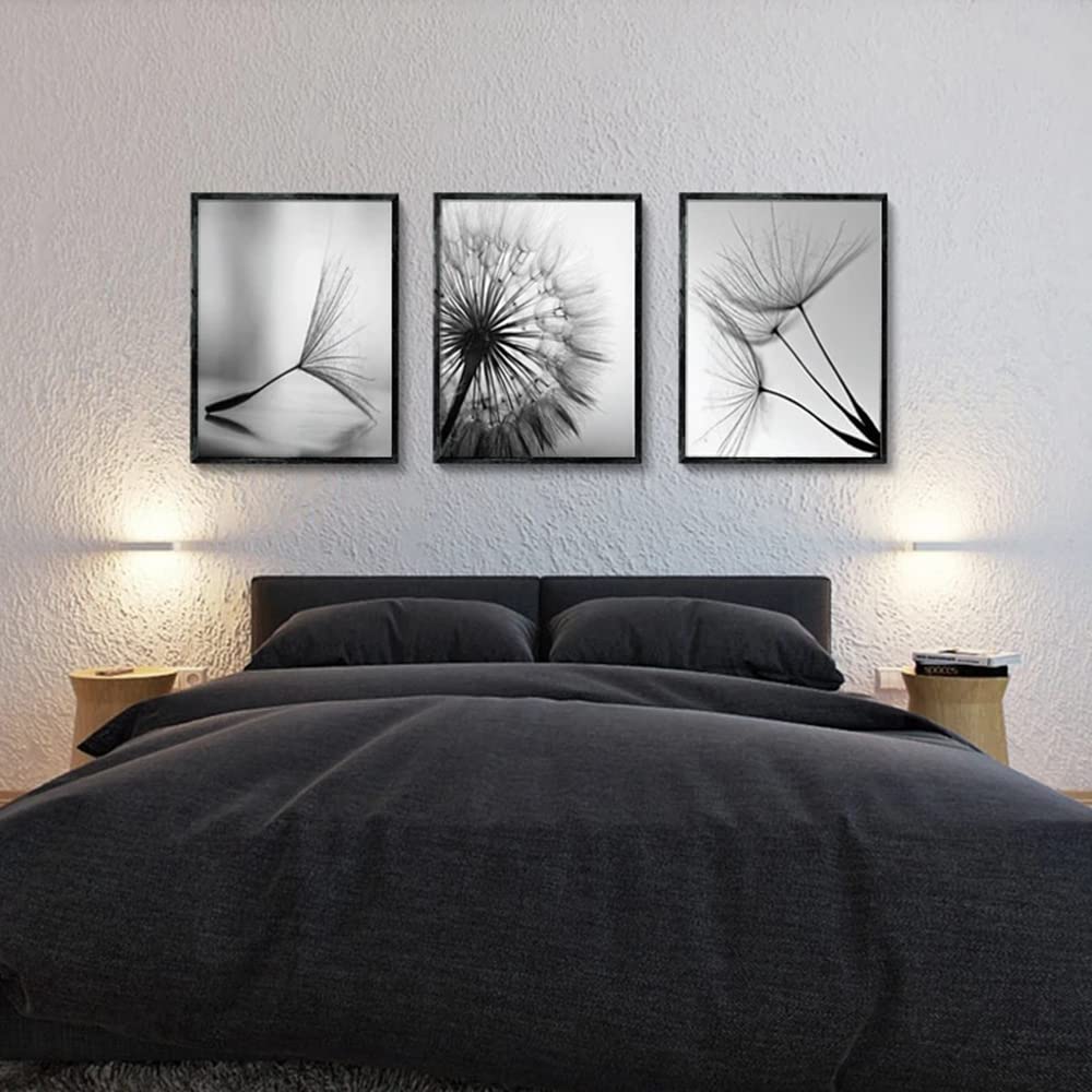 FSLEOVN 3 Pezzi Moderno Quadro su Tela Stampa su Tela Fiori di Dente di Leone Poster Nero Bianco Fiori di Dente di Leone Tela Estetica Poster Senza Cornice (50x70cm)