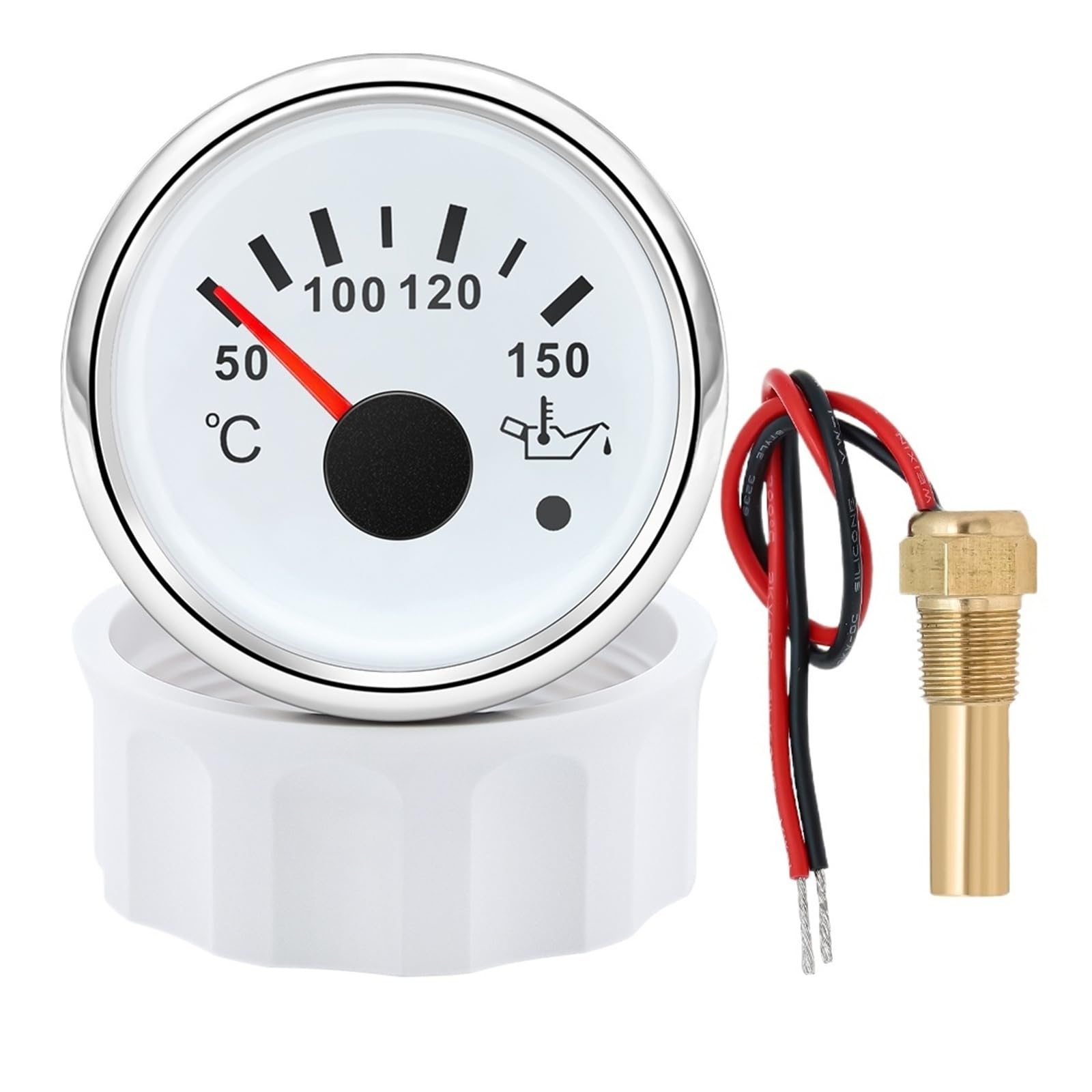 7-Farben-Licht-Öltemperaturanzeige mit blinkendem Alarm, LED 52 mm Öltemperaturmesser + Sensor 1/8 NPT for Auto, Boot Klares Lesen(White silver)