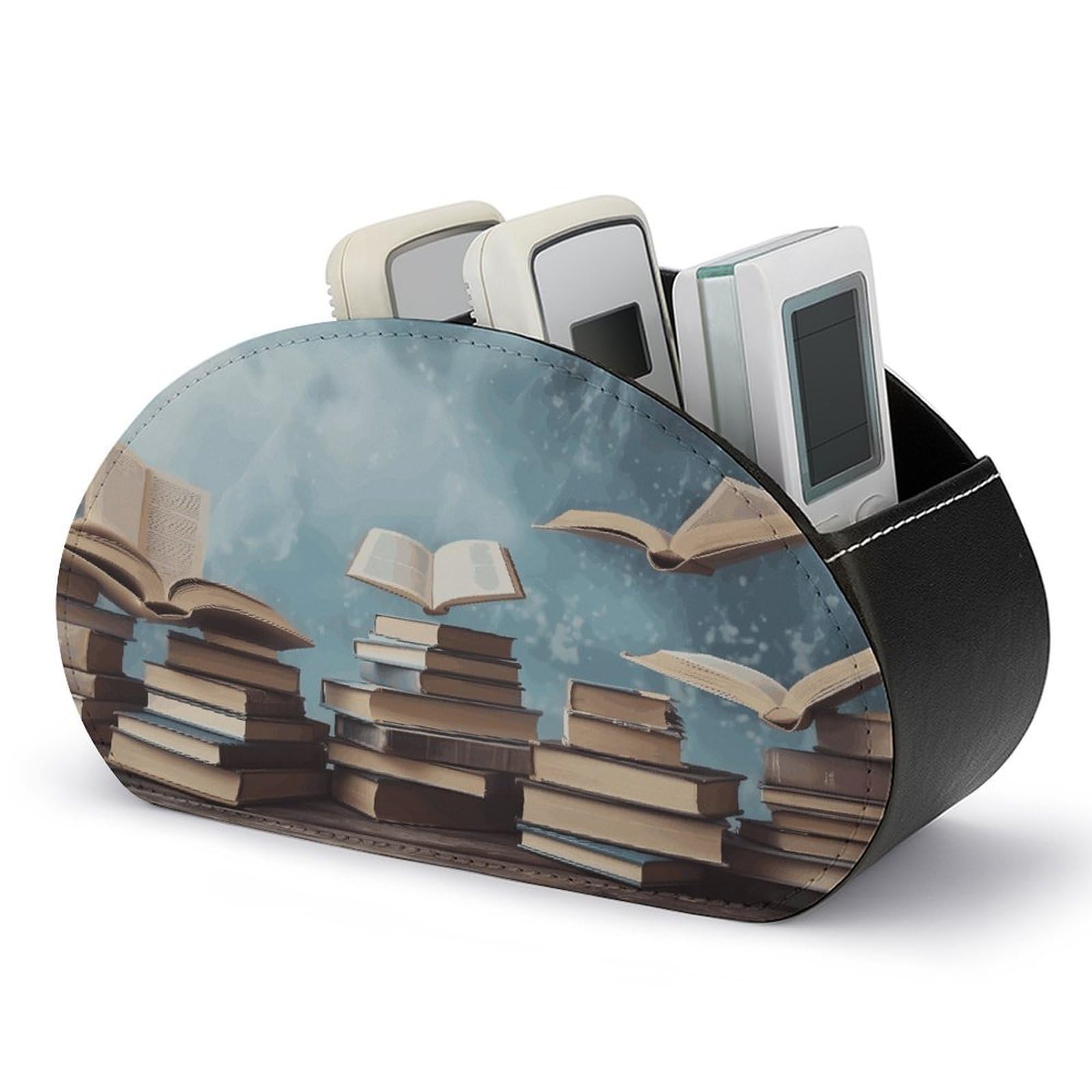 FodPand Books in The Sky Remote Control Holders PU Leather Remote Caddy Desktop Organizer with 5 Compartments TV Remote Holder Box Tray for Bedside Table Office Desk Accessories&Gift