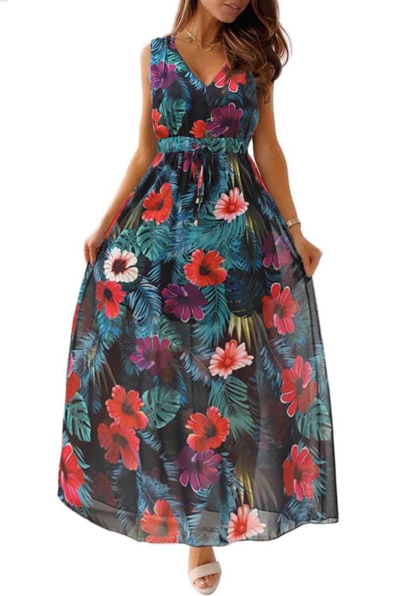 CheChury Damen Sommerkleid Lang Maxikleid Sommer V Ausschnitt Kleid Floral Maxikleider Elegant Freizeitkleider Ärmellos Strandkleid Lang Kleider Partykleid Freizeitkleider Boho Beach Maxi Dress