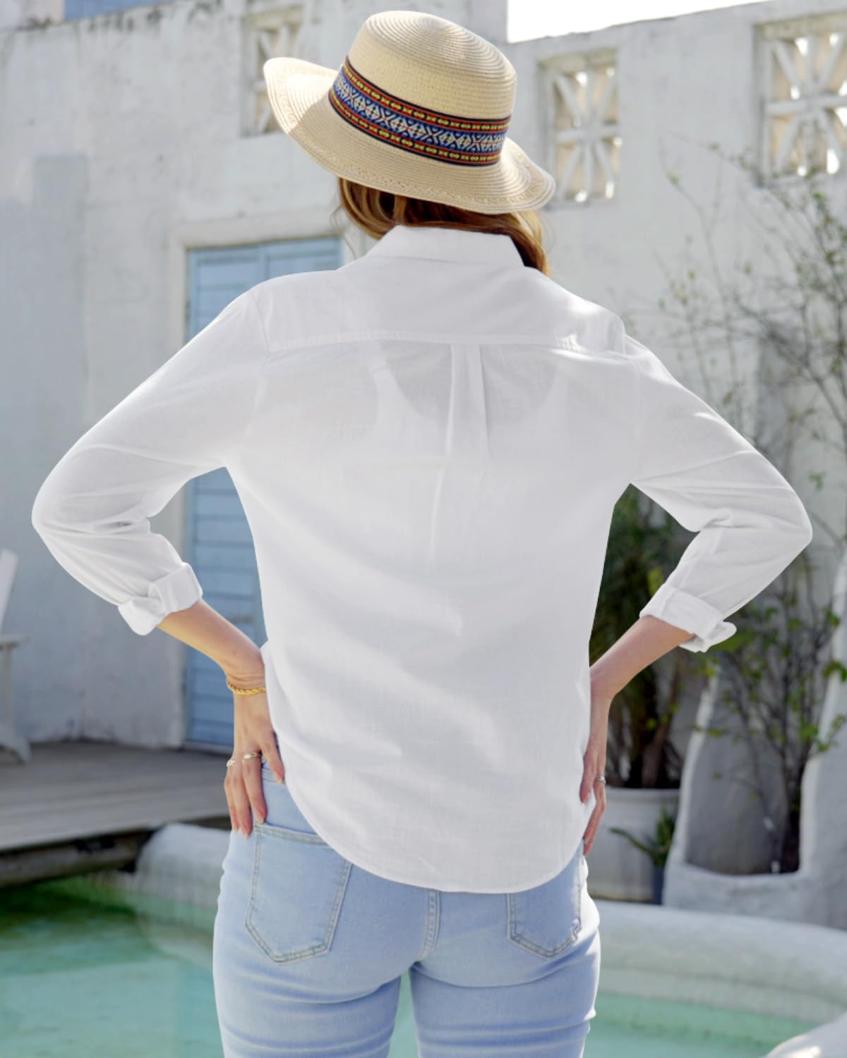 Friptspyg Bluse Damen 100% Baumwolle Langarm Lässig Hemd V-Schnitt Roll Up Ärmel Button Down Bluse Tops