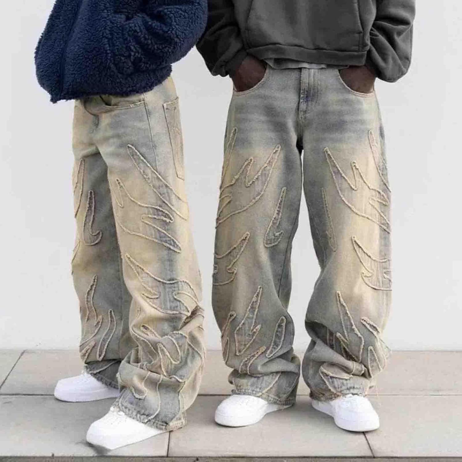 Y2K Jeans Men's Hip-hop Retro Flame Splicing Wide Leg Women's Gothic Straight Tube Loose Jeans - Image 2