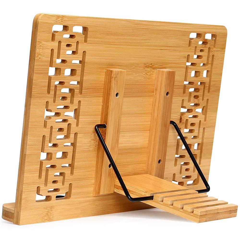 Ancllo Brown Bamboo Book Stand With Retro Hollow Elegant Pattern Adjustable Book Holder Cookbook Stand Desk Document Holder