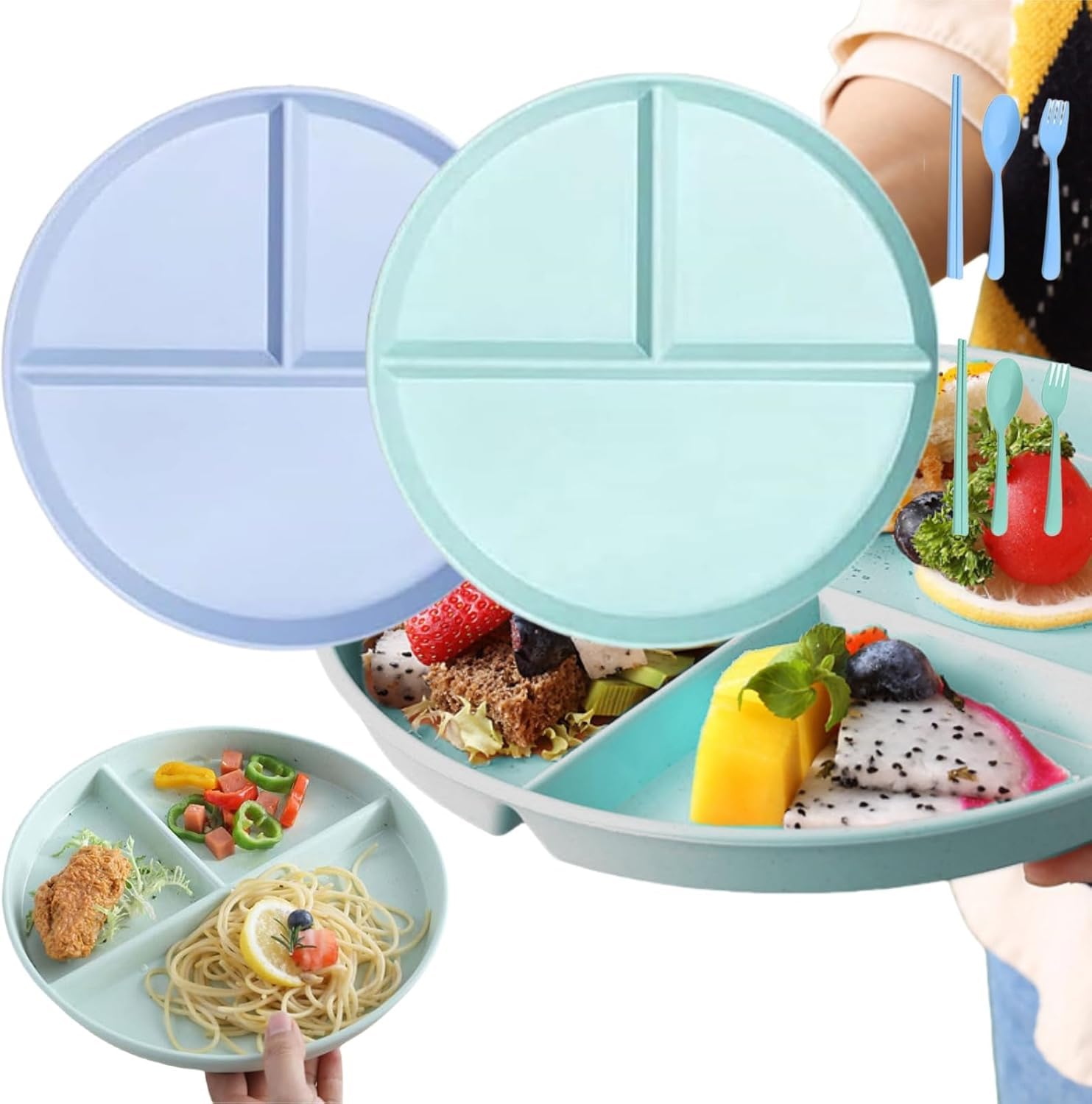 Piatti Compartimentati Per Controllo Porzioni - 2 Piatti In Plastica Senza BPA Con Posate - Foto 11